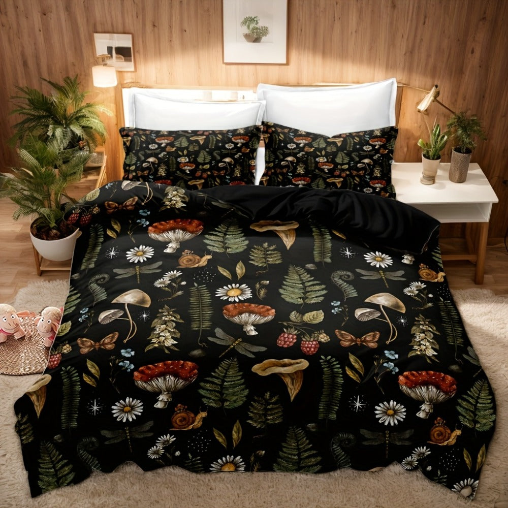3-Piece Duvet Cover Set with Forest Mushroom and Leaf Print, Zipper Closure and Twin to King Sizes