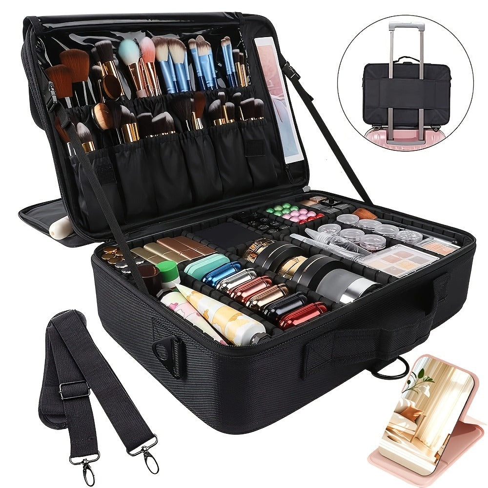 Black 15.8-Inch Soft Makeup Train Case with Three-Layer Interior, Brush Panel and Shoulder Strap