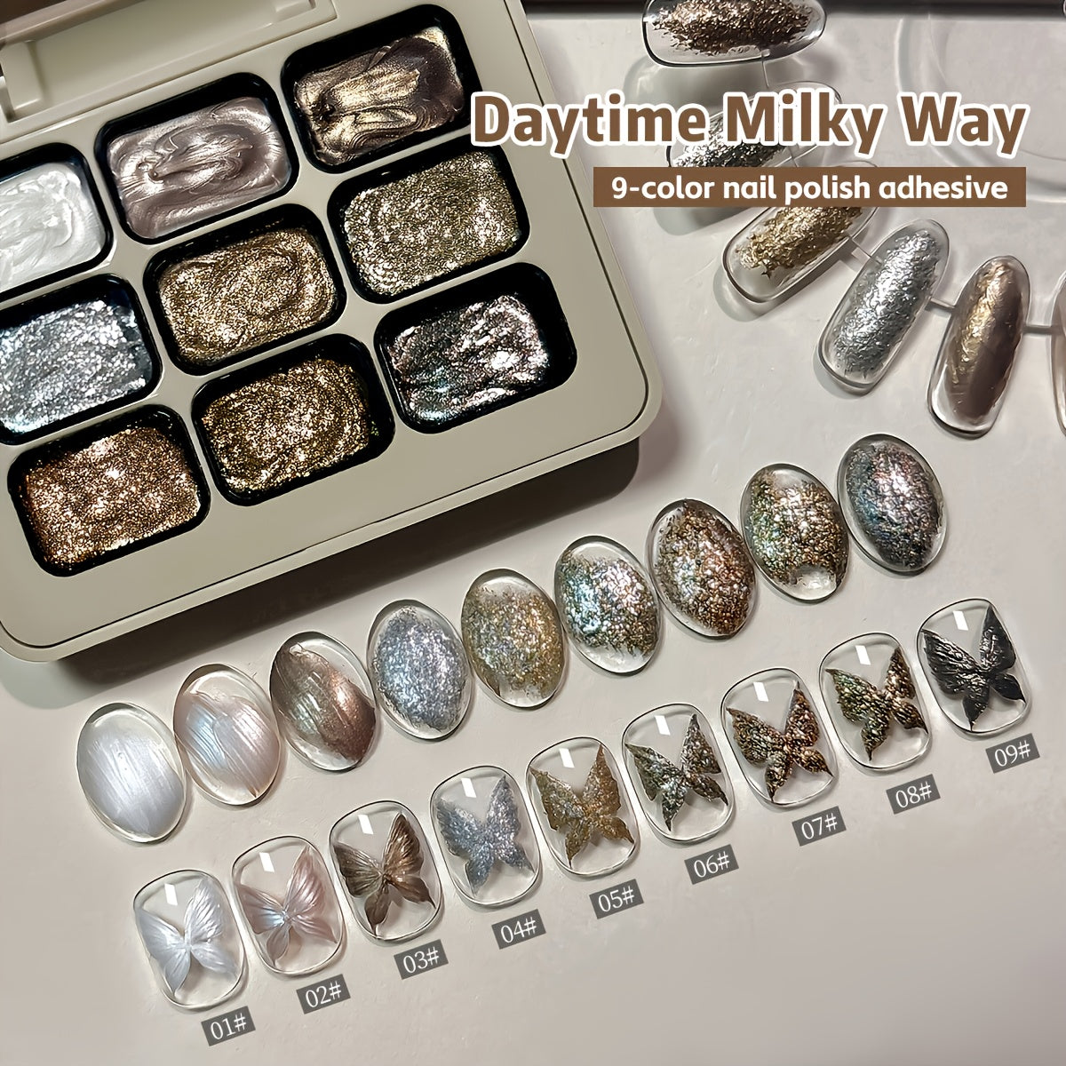 Shimmer Nail Art Gel Nine-Color Grid Palette with Metallic Neutral or Milky Way Color Selection