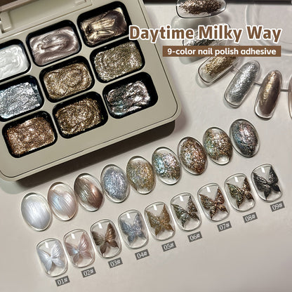 Shimmer Nail Art Gel Nine-Color Grid Palette with Metallic Neutral or Milky Way Color Selection