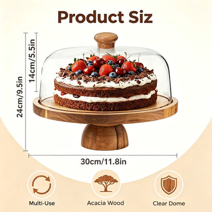 Acacia Wood Cake Stand with Clear Acrylic Dome, 11.8-Inch Round Reversible Serving Board and Pedestal Base