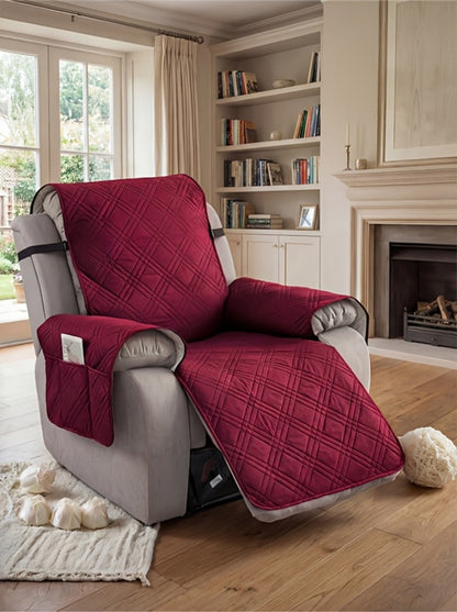 Quilted One-Piece Recliner Chair Cover with Side Pocket, Back Strap and Six Solid Color Options