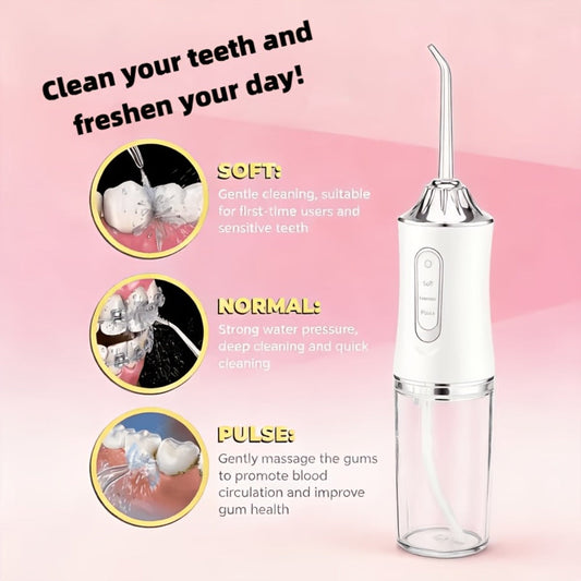 Electric Oral Irrigator Water Flosser with 360° Rotating Nozzle & Precision Pressure Control — Deep Cleans Teeth & Gums, Replaceable Heads, USB Rechargeable, 4 Colors, Home & Travel
