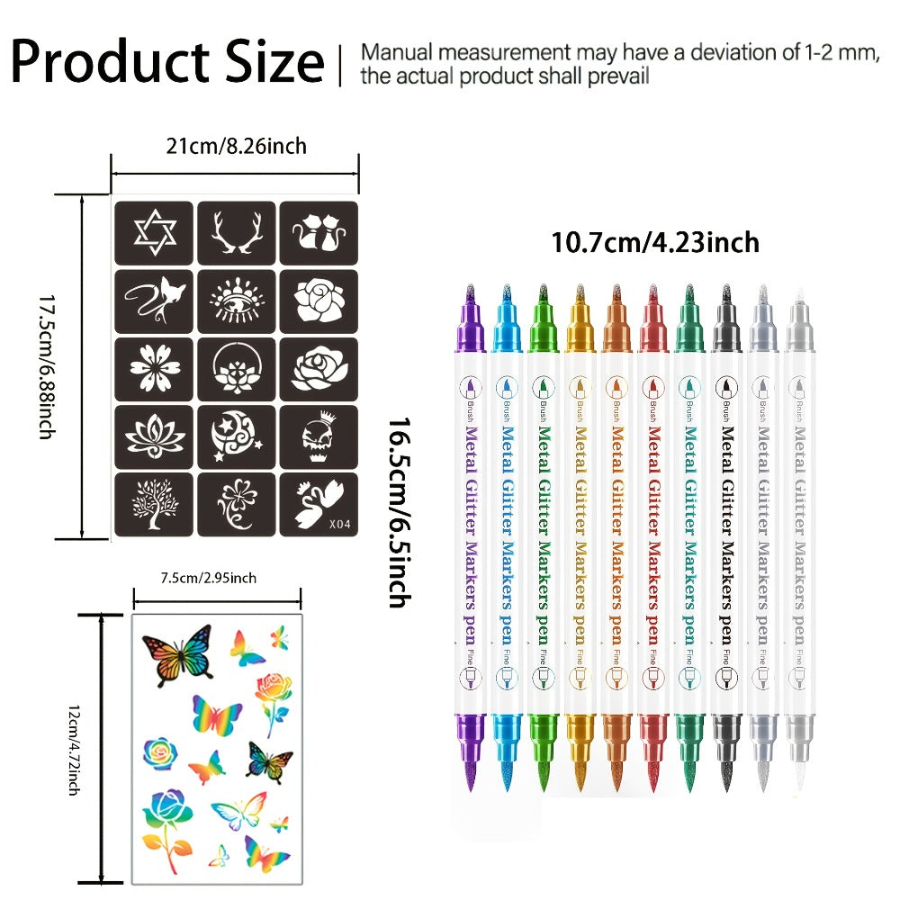 Double-Ended Tattoo Pen Set 10 Pcs with 114 Templates & Butterfly Stickers — Waterproof Sweat-Resistant DIY Temporary Body Art Kit for Parties, Festivals, Halloween & Gifts