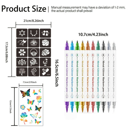 Double-Ended Tattoo Pen Set 10 Pcs with 114 Templates & Butterfly Stickers — Waterproof Sweat-Resistant DIY Temporary Body Art Kit for Parties, Festivals, Halloween & Gifts