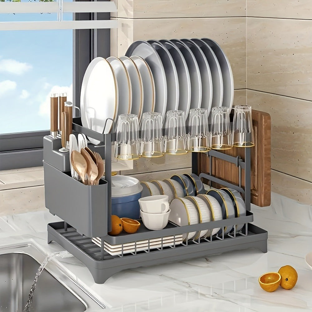 Two-Tier Dish Drying Rack, Compact Metal Countertop Drainer with Drainboard in Three Colors
