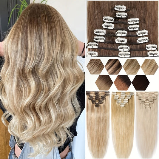 Hair Extensions Straight Remy Human Hair Clip-In Set with Eight Wefts, Highlighted Blonde Colors and 8–24-Inch Lengths