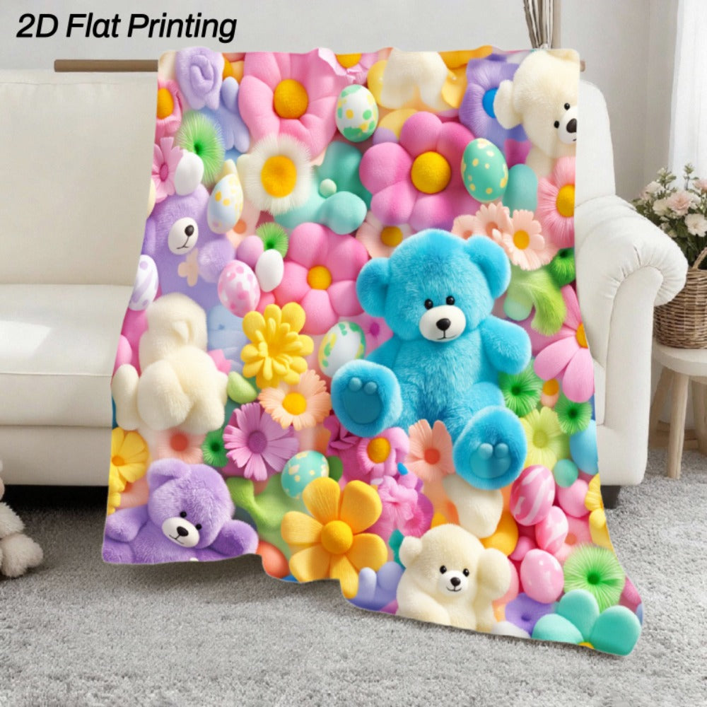 Colorful Teddy Bear Throw Blanket with Flower Print, White Reverse Surface and Single 40 x 50-Inch Size