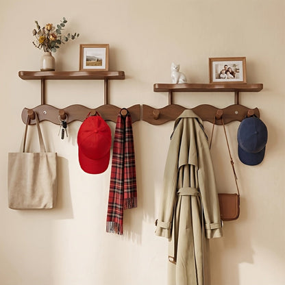 Coat Rack Wall Mounted Wood-and-Metal Organizer with Upper Shelf and 4 or 8 Hooks for Entryway Storage