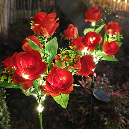 Solar Rose Garden Stake Lights with Separate Panels, Two Stakes and 14 Flowers in Red or Pink