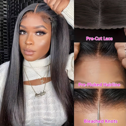 Put On and Go Glueless Human Hair Wig Bone Straight – Pre Cut 6x4.5 Transparent Lace 200% Density Pre Plucked, Ready to Wear in 3 Seconds, Natural Black & Natural Color, 10–34 Inch
