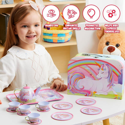 Pink Unicorn Tin Tea Set in Carry Case with Teapot, Four Cups, Four Saucers and Five Plates
