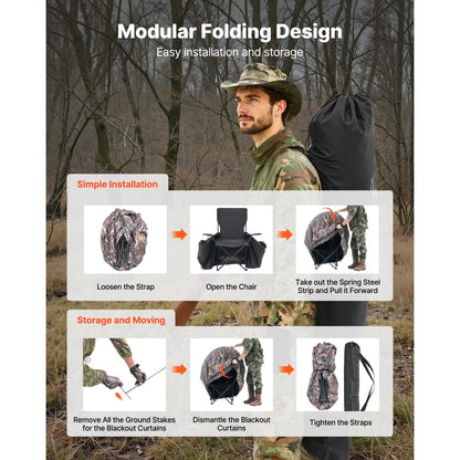 Hunting Blind Ground Blind for Deer Duck Turkey Hunting Single Person Pop Up Blind with Carrying Bag 44x36x53 In Camouflage Waterproof 150D Fabric Silent Half-Zipper Door