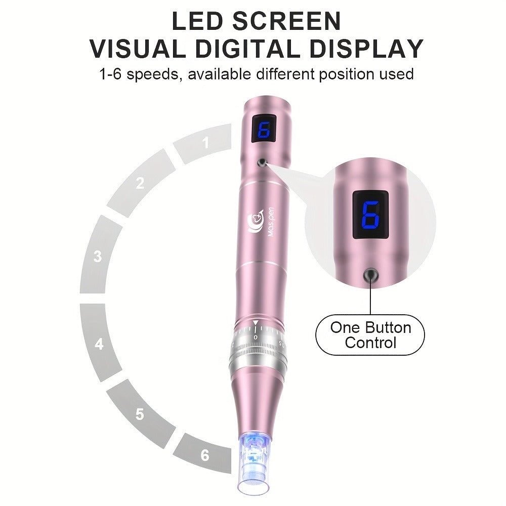 L6 Pink Microneedling Pen Kit with 10 Replacement Tips, Six Speed Levels and USB Charging Cable