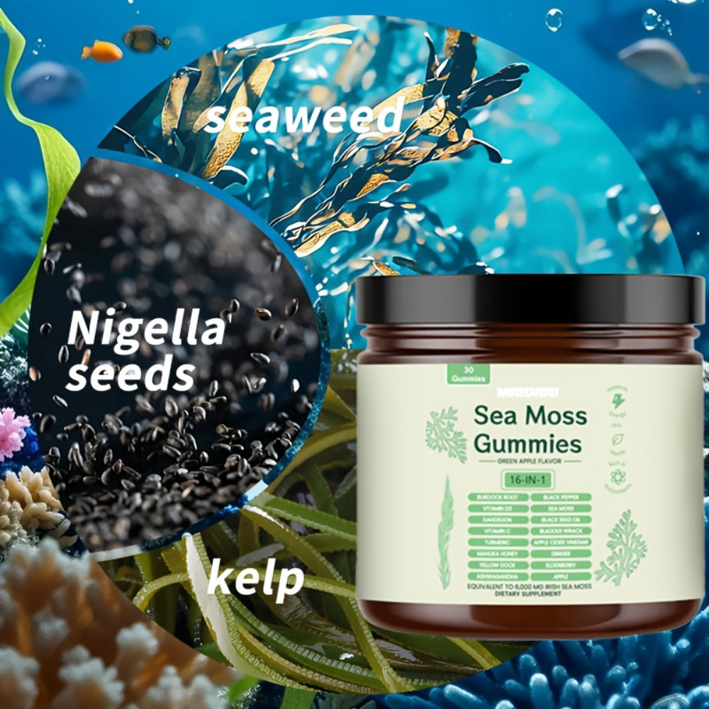 Sea Moss Gummies with Turmeric, Ashwagandha & Black Seed Oil – Immune Support, Energy & Gut Health Plant-Based Herbal Supplement for Women & Men, 30 or 60 Count