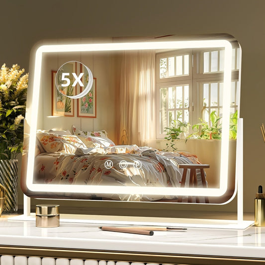 Vanity Mirror with Lights and 5X Magnifying Spotlight, 3 Color Lighting Modes Dimmable Illuminated Cosmetic Mirror for Makeup Vanity Table Bathroom Counter Dressing Room, White Beauty Gift for Women