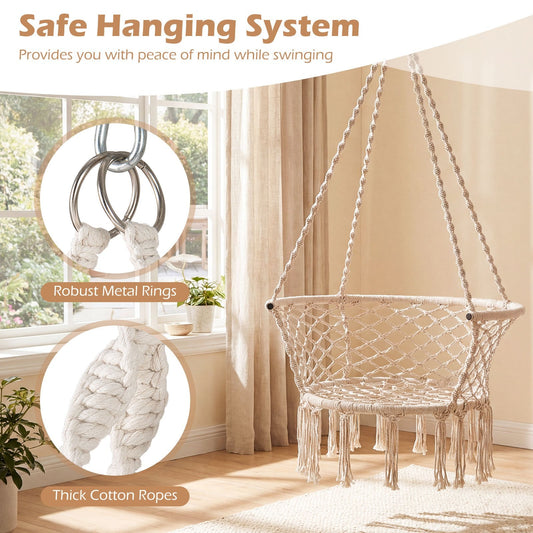 Macrame Hammock Chair – Knitted Boho Swing Chair with Cotton Rope, 350 lbs Capacity, Hanging Chair for Indoor Outdoor Bedroom Patio Balcony Garden