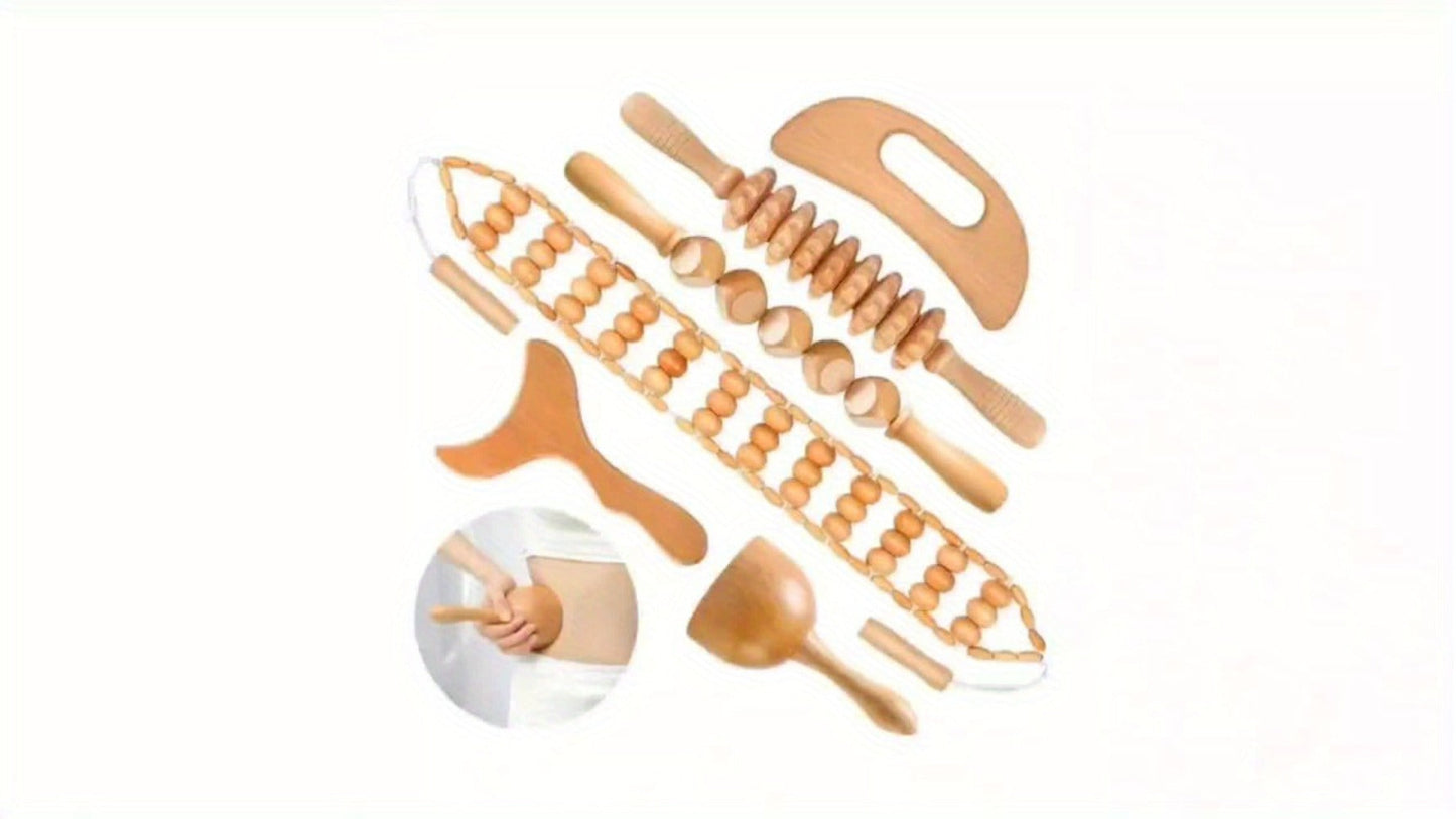 Wooden Manual Massage Tool Set, Six-Piece Roller and Scraping Kit with Textured Heads for Face, Neck and Body