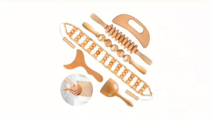 Wooden Manual Massage Tool Set, Six-Piece Roller and Scraping Kit with Textured Heads for Face, Neck and Body