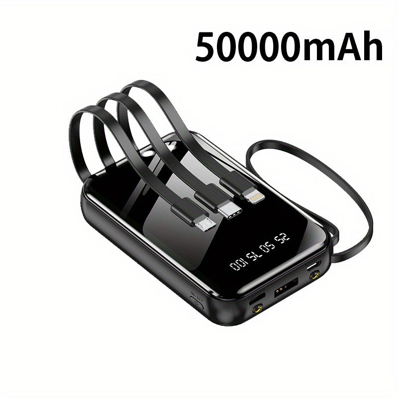 Power Bank 50000mAh 22.5W with Four Built-In Cables, Digital Display and LED Flashlight in Black or Purple
