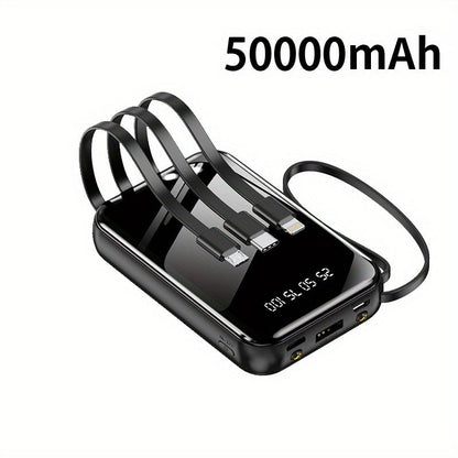 Power Bank 50000mAh 22.5W with Four Built-In Cables, Digital Display and LED Flashlight in Black or Purple