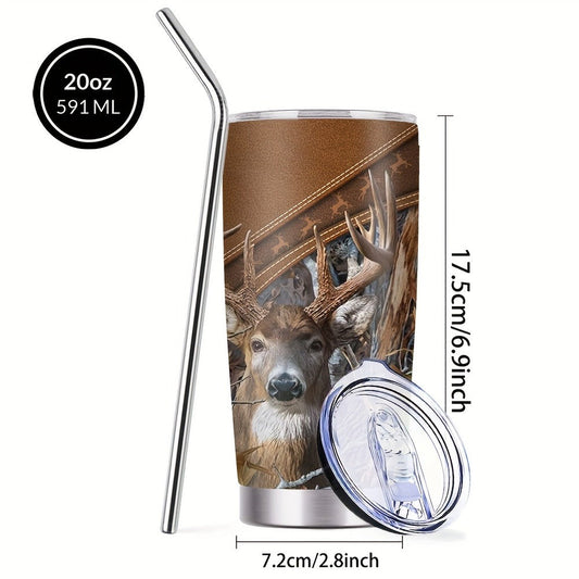 Insulated Tumbler 20oz Forest Hunting Graphic in Brown 304 Stainless Steel with Lid and Straw
