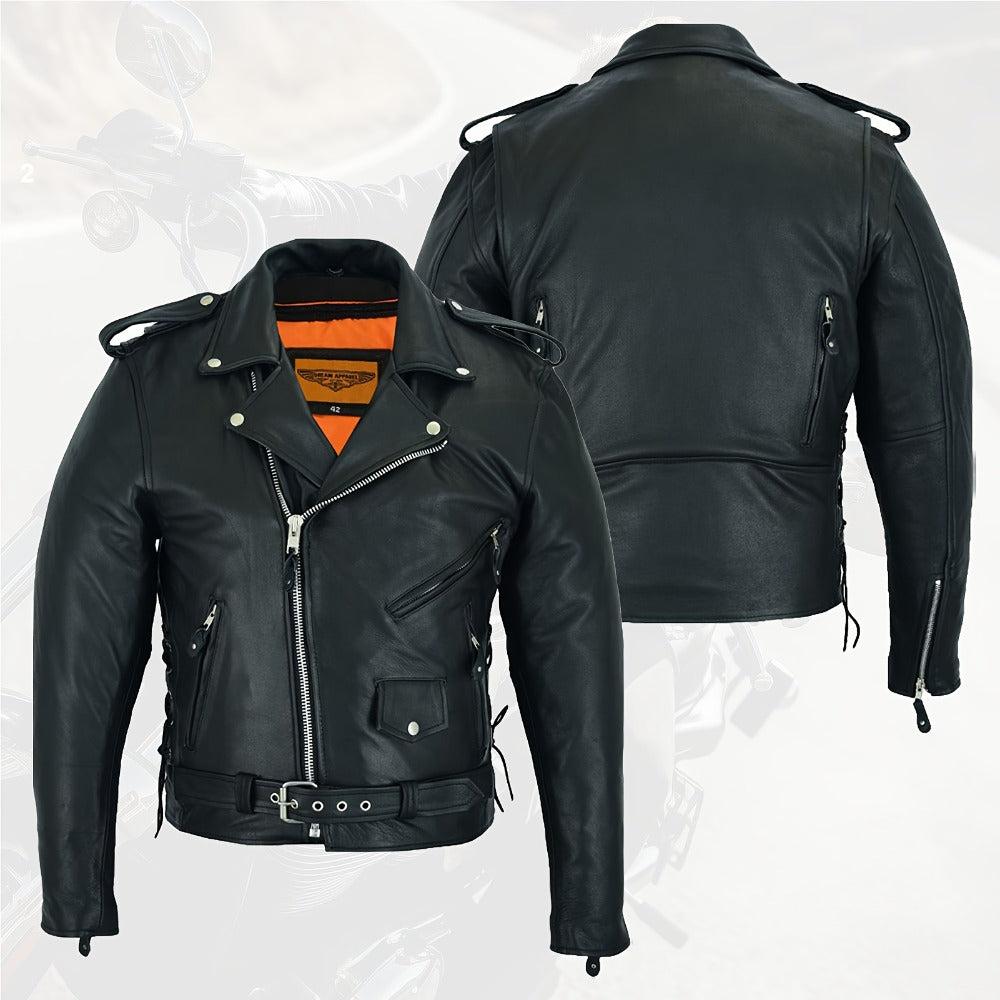 Motorcycle Leather Jacket Men – Heavy Duty Cowhide, Classic Black, Multiple Pockets, Adjustable Laces, Sizes S–XXXXL