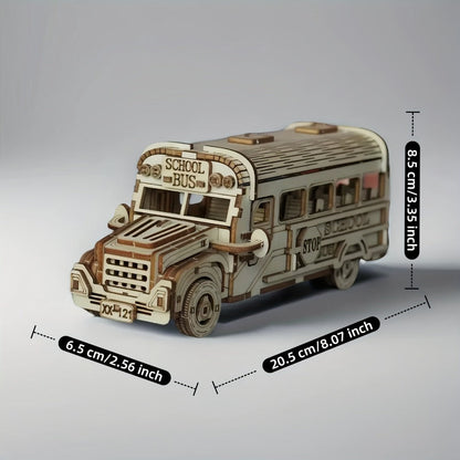 Wooden School Bus Model Kit with Laser-Cut Panels, Rolling Wheels and 20.5 cm Display Length