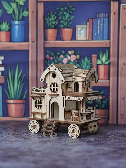 3D Wooden Mobile Home Puzzle Model Kit with Café Bar Details, 11 x 6 x 12 cm Finished Display