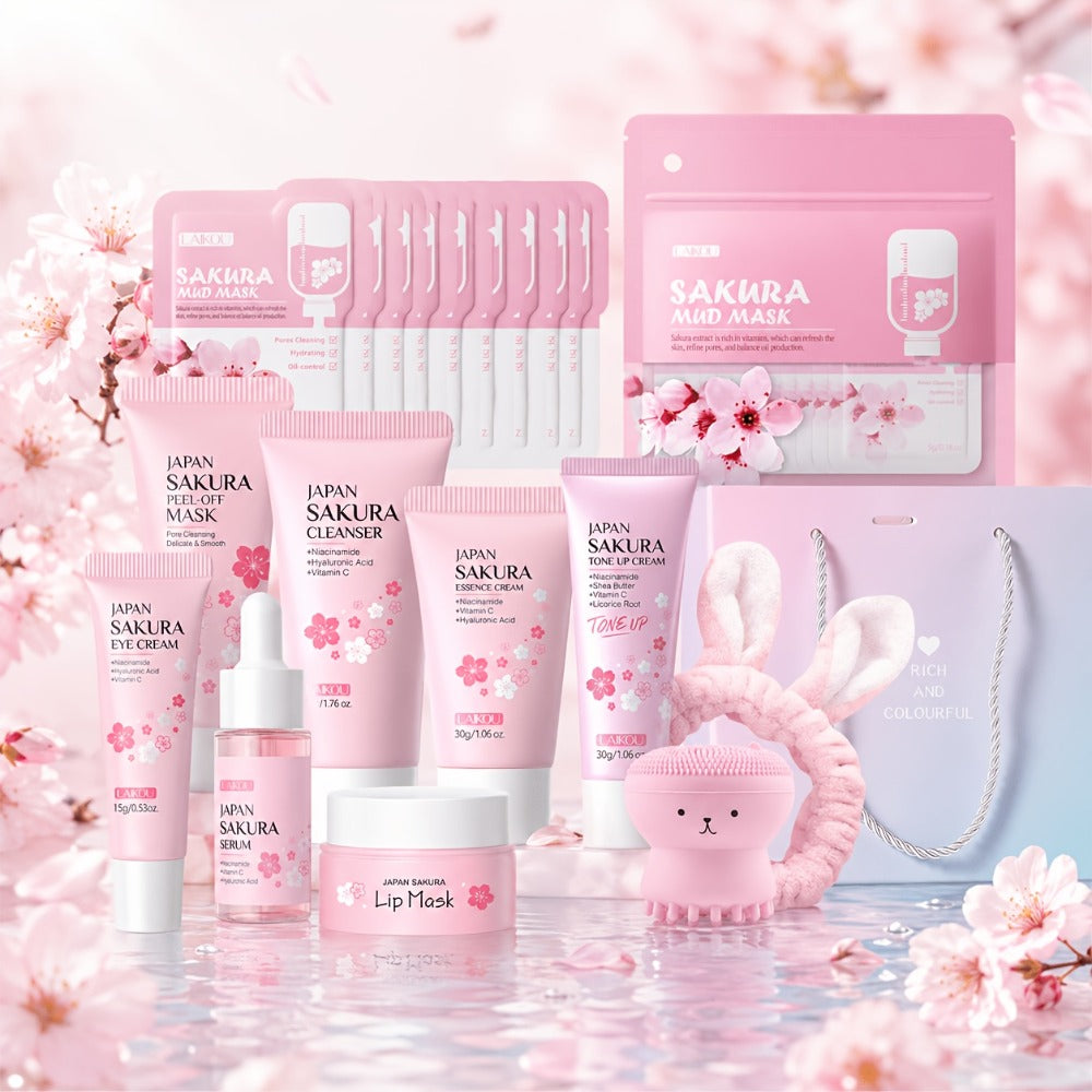 Hyaluronic Acid Sakura Skincare Set 30pcs Gentle Cleansing Deep Moisturizing Hydrating Facial Eye Care with Cleansing Brush Hairband Luxury Gift for Women