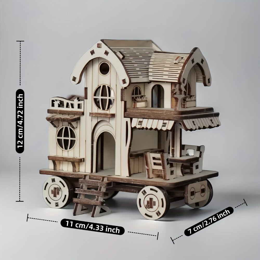 3D Wooden Mobile Home Puzzle Model Kit with Café Bar Details, 11 x 6 x 12 cm Finished Display
