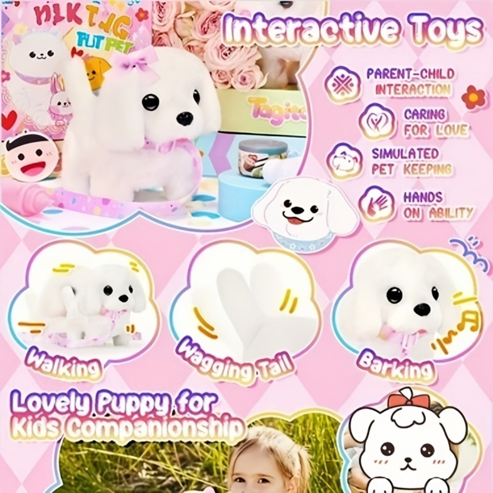 Plush Toy – White Electronic Puppy with Walking, Barking, Tail-Wagging Action, Leash and Bow