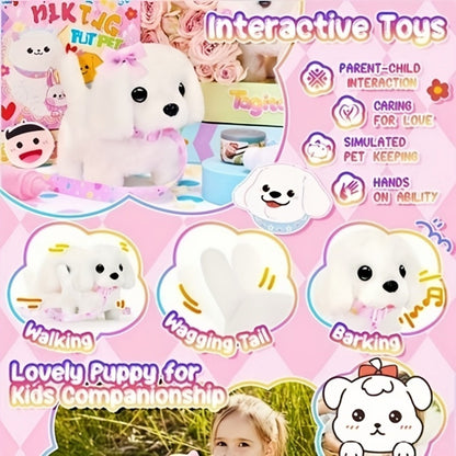 Plush Toy – White Electronic Puppy with Walking, Barking, Tail-Wagging Action, Leash and Bow