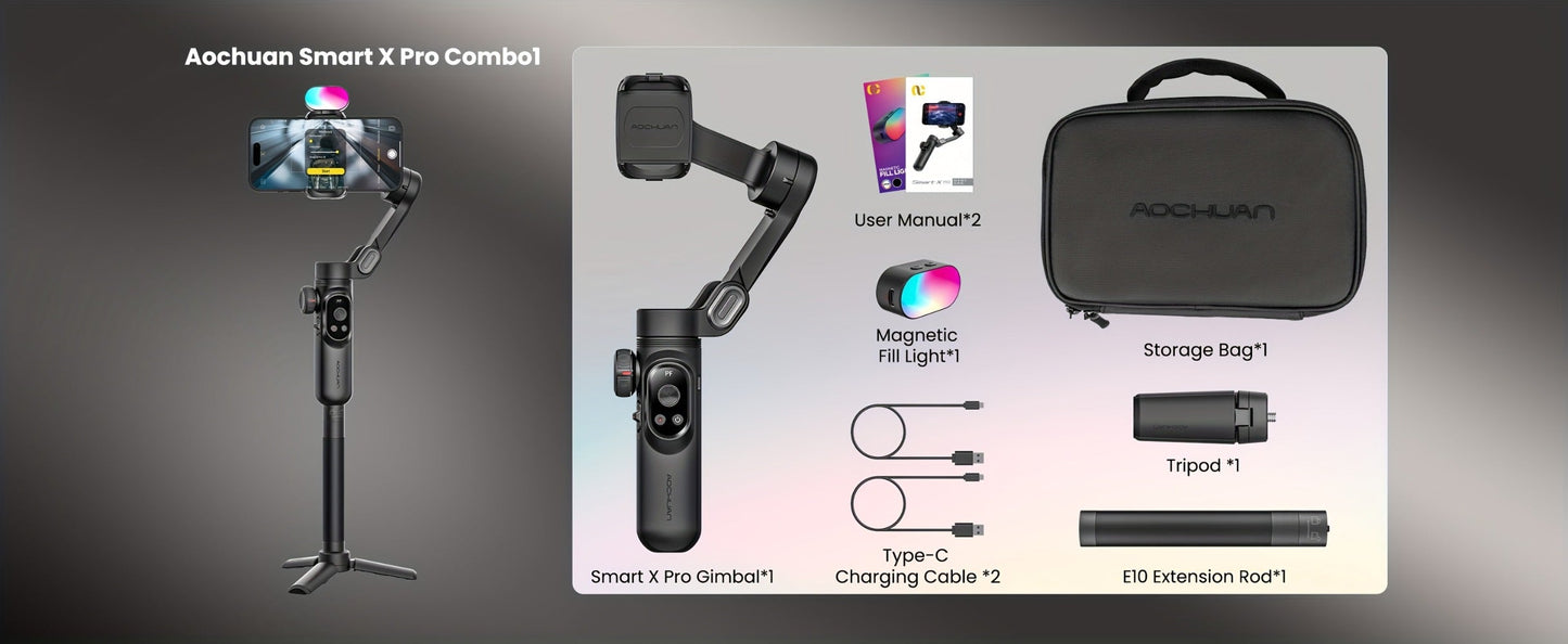 AOCHUAN Smart X Pro Combo 3-Axis Smartphone Gimbal Stabilizer | RGB Fill Light, Extension Rod, OLED Display & Wireless Charging for iPhone 15 14 13 Pro Max, YouTube Vlogging & Live Streaming