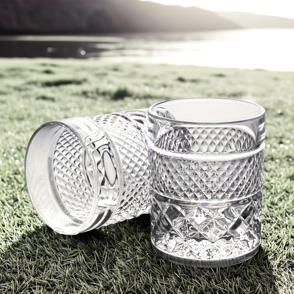 Single Embossed Whiskey Tumbler with Square Rim, Diamond-Cut Pattern and Thick Clear Base for Home Bar Service