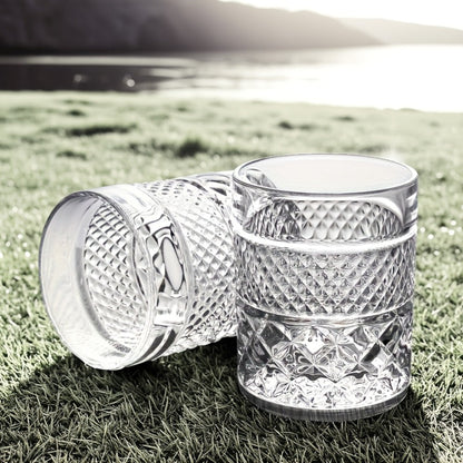 Single Embossed Whiskey Tumbler with Square Rim, Diamond-Cut Pattern and Thick Clear Base for Home Bar Service