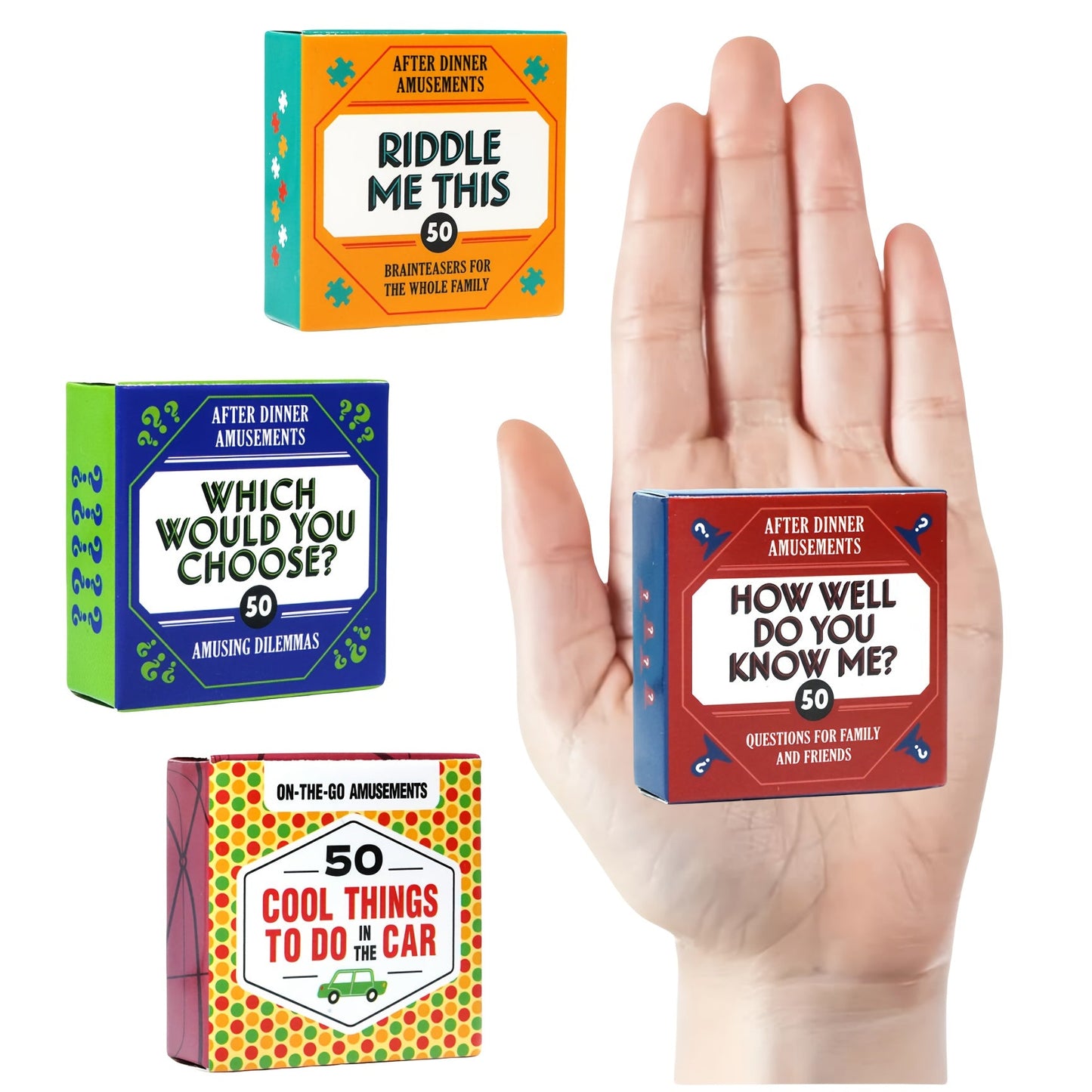 After Dinner Amusements Card Game Set with Four Mini Boxes and 200 Total Prompts Across Four Themes