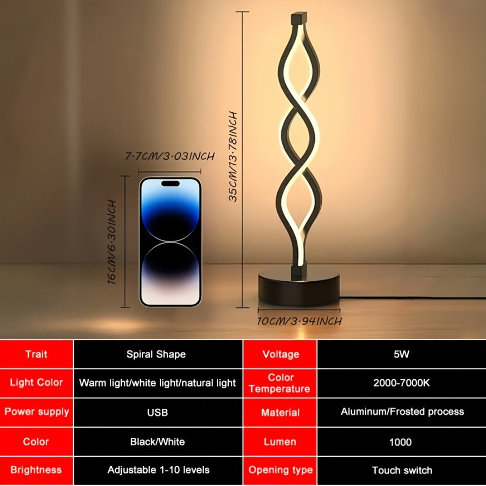 Table Lamp with Spiral LED Wave, Three Color Temperatures, USB Power and One, Two or Wood-Base Options
