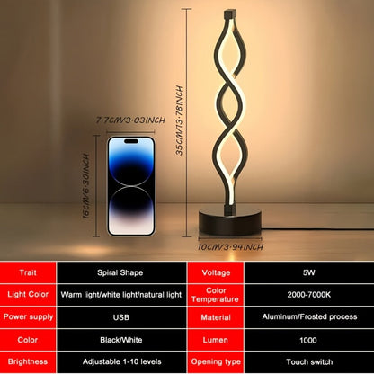 Table Lamp with Spiral LED Wave, Three Color Temperatures, USB Power and One, Two or Wood-Base Options