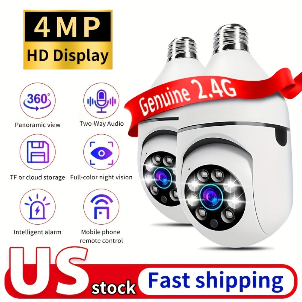Light Bulb Security Camera 2-Pack 4MP E27 WiFi – Full Color Night Vision, Motion Detection Alerts, Two-Way Audio, Wide Angle, IP54 Weatherproof Indoor Outdoor Surveillance Camera