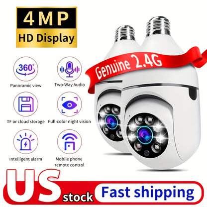 Light Bulb Security Camera 2-Pack 4MP E27 WiFi – Full Color Night Vision, Motion Detection Alerts, Two-Way Audio, Wide Angle, IP54 Weatherproof Indoor Outdoor Surveillance Camera