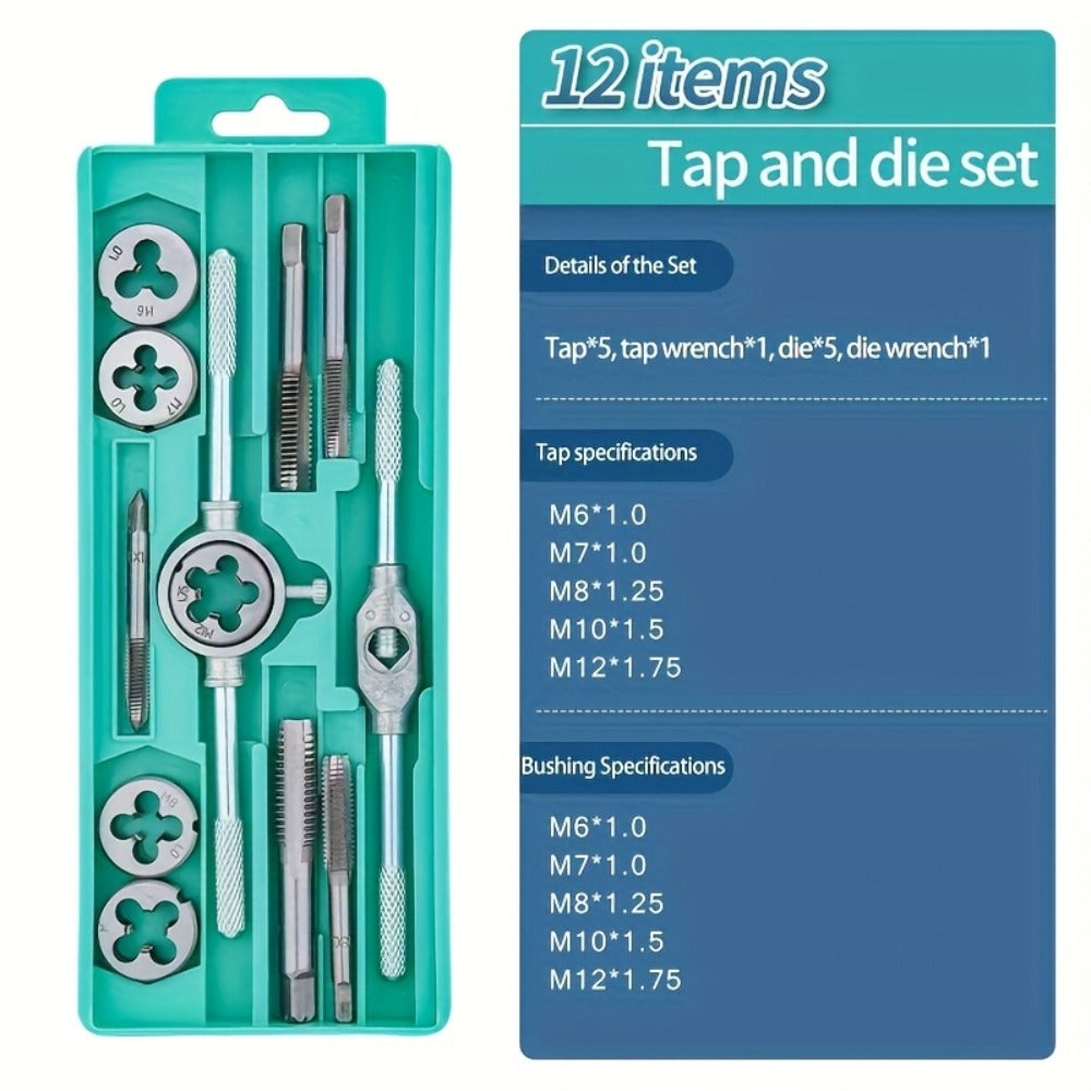 Metric Tap and Die Threading Set with M3 to M12 Sizes in 12- or 40-Piece Storage Case Configurations