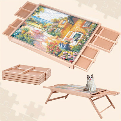 Foldable Puzzle Board Table with Legs – 29.9"x22" Elevated Wooden Jigsaw Desk, 4 Sorting Drawers, Back-Saving Ergonomic Design, Fits 1000 Pieces, Gift for Adults Seniors Puzzle Lovers