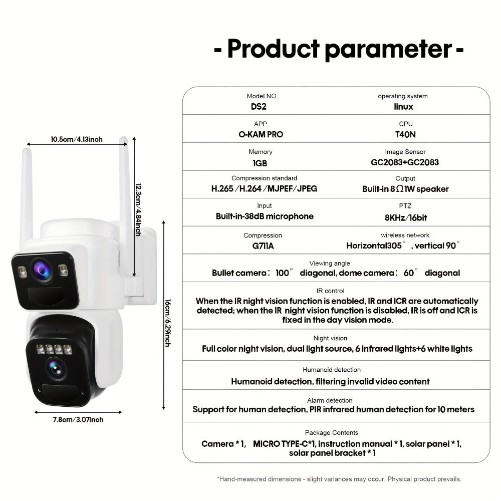 Security Camera Dual-Lens Solar Model with PIR Detection, Two-Way Audio, Spotlight Alarm and TF Card Options