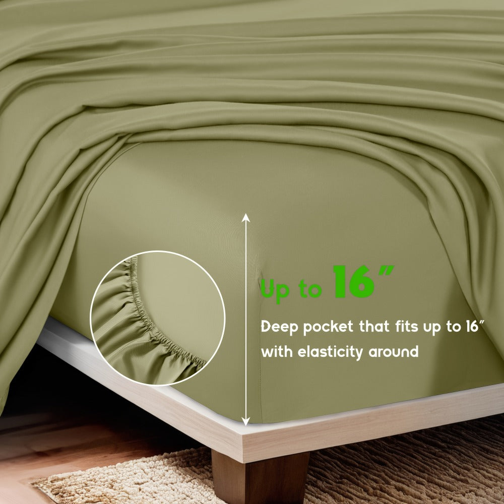 Sheet Set, Four-Piece Bamboo-Blend Plain-Weave Bedding with 16-Inch Fitted Pocket and Thirteen Solid Colors
