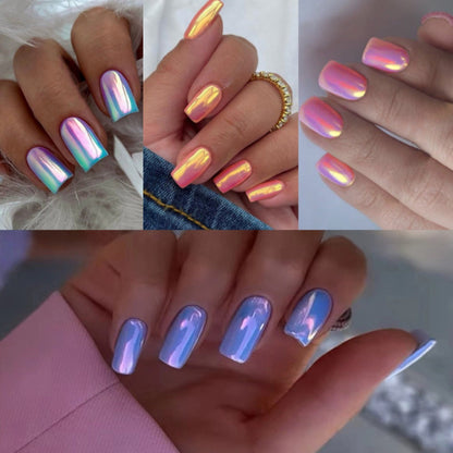 Press On Nails 96-Piece Short Square Set with Pink Chrome Mirror Metallic Full-Cover Finish