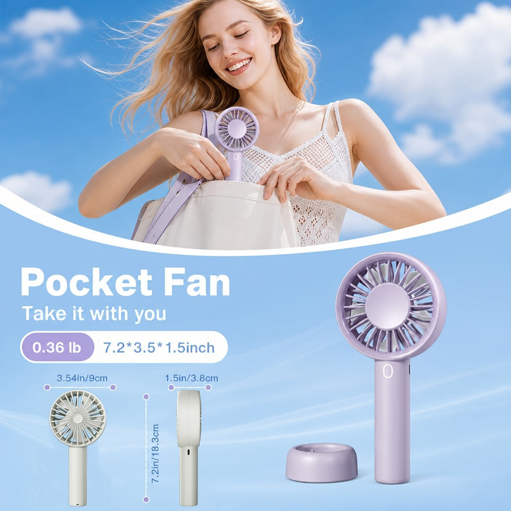 Pocket-Size Handheld Fan with Three Speeds, USB-C Charging, Wrist Strap and Three Color Options
