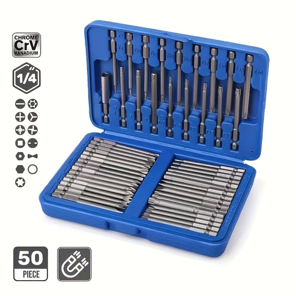 50-Piece Magnetic Security Screwdriver Bit Set with 75 mm Extended 1/4-Inch Hex Shanks and Blue Case