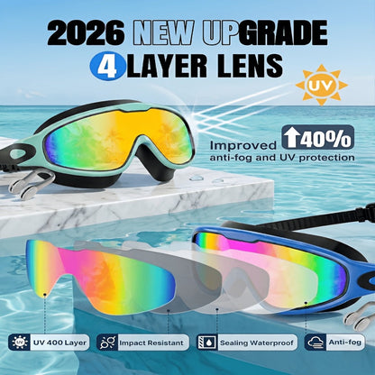 Two-Pack Wide-Lens Swim Goggles with Mirrored Blue-Green Lenses, Adjustable Straps, Case and Accessories