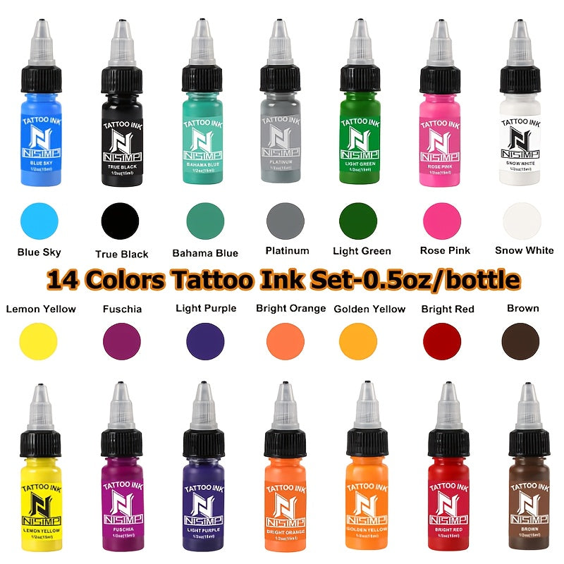 Tattoo Ink NISIMP 7- or 14-Color Gift Box Set with Transparent Bottles and Two Configurations